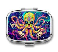Psychedelic Octopus Skull Colorful Cute Travel Pill Organizer Portable Small Square Medicine Case Box for Pocket Purse