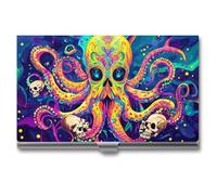 Psychedelic Octopus Skull Colorful Printed Business Card Holder for Women Men Metal Slim Credit Card Case Wallet Pocket Purse