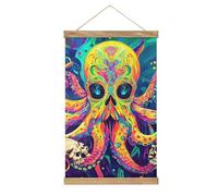 Psychedelic Octopus Skull Colorful Printed Linen Hanging Poster Lightweight Wall Art Painting Artwork for Home Decor