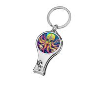 Psychedelic Octopus Skull Colorful Small Fingernail Clipper Metal Sharp Curved Toenail Clippers Cutters with Keychain Men & Women