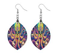 Psychedelic Octopus Skull Colorful Wooden Earrings Pendant Fashion Boho Charms for Women Round Drop Jewelry Gift Love