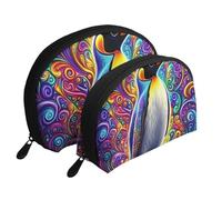 Psychedelic Penguin Printed Makeup Bags 2-Piece Portable Shell Travel Toiletry Bag