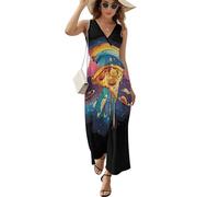 Psychedelic Pizza Planet Rainbow Cat Casual Womens Dresses A-Line Beach Long Dress V Neck Sleeveles Sundress M