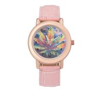 Psychedelic Rainbow Weed Women Simplicity Watch with Leather Strap Easy Reader Ladies Wristwatch