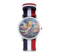 Psychedelic Rainbow Weed Woven Strap Watch Multicolor Wristwatch Easy Reader Analog Watches for Men Women Birthday Gift