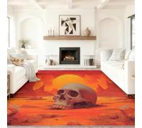 Psychedelic Rug 60 x 90 cm, Non Shedding Soft Flannel Carpet Desert Sun Skeleton, Machine Washable Rugs, for Living Room Non Slip Floor Carpet Dining Room, Orange Red Greyish White