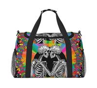 Psychedelic Skeletons with Colorful Flowers Waterproof Weekender Bags Duffel Bag Large Carry On Hand Luggage Bags Foldable Tote Bag for Travel Sports Gym Dance