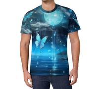 Psychedelic Teal Butterfly Full Moon Men's T-Shirts Classic Short Sleeve Crew Neck Tee Summer Casual Tops Graphic 6XL