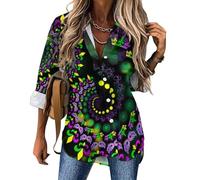 Psychedelic Vortex Mardi Gras Womens Blouses Hawaiian Button Down Womens Tops Long Sleeve Shirts Tees S