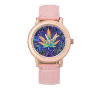 Psychedelic-Weeds Women's Watch Pink Rose Gold Strap Wristwatch Minimalist Easy Reader Watchec