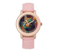 Psychedelic1 Cat with Jewelry Women's Wrist Watch Easy Reader with Leather Strap Analog Display Wonderful Ladies Gifts