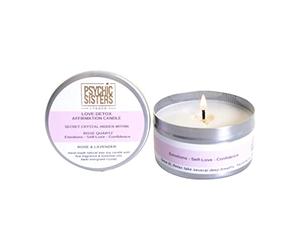 Psychic Sisters - Love Detox Candle - Tin - Hidden Crystal Inside - Organic Soy Wax - Rose & Lavender Aromatherapy Oils - Reiki Energised & Blessed - Handmade in The UK