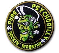 Psychobilly Rockabilly Monster Greaser Embroidered Iron-on Patch, Punk Rock Heavy Metal Style, Tattoo Emblem, Black Green Gold, Circular Design, 3 Inch Diameter