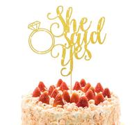 Psyqtsuary 1 PCS Gold 'She Said Yes' Engagement Wedding Cake Topper with Ring, Gold Glitter Bachelorette Bridal Shower Party Cake Decorations