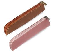 Psyqtsuary Leather Pencil Pouch, 2 Pcs Soft Flat Slim Pencil Case Portable Small Pencil Pouch with Zipper Simple Makeup Bag Lipstick Case for Women Men Home, Office, Travel Outdoor (Pink, Brwon)