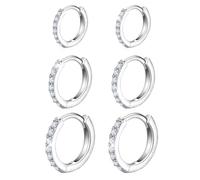 PT Haahoos 3 Pair Sterling Silver Hoop Earrings, Silver Hoops Earrings for Women S925 Huggie Hoop Earrings with Cubic Zirconia, Round Rhinestone Copper Earrings for Women Girls Bridal(12mm 10mm 8mm)