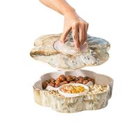 PTATT Modern Marble Pattern Ceramic Serving Tray, 11" Snack Bowl with Lid, 4 Compartments, Brown