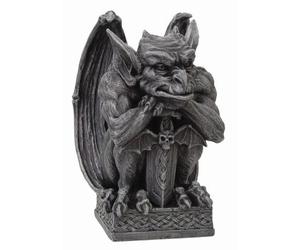 PTC Gargoyle with Shield Statue, Cold Cast Resin Figurine, 6.5" H x 4.5" L x 4.5" W, Gray
