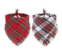 PTDECOR Christmas Dog Bandanas with Tassels Edges, Stylish Red White Plaid Scarf Bib, Premium Cotton Fabric, Reversible Triangle Xmas Bandanas for Medium Large Dogs Pets (Large)
