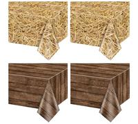 PTECDROTS 2Pcs Straw Tablecloths and 2Pcs Wood Tablecloths Rectangular Straw Wood Grain Table Decorations for Farm Party Cowboy Western Theme Party Supplies, 130 x 220cm