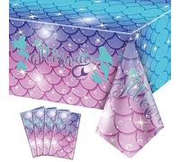 PTECDROTS 4 Pcs Mermaid Tablecloths, Rectangular Mermaid Table Covers Mermaid Table Cloths for Parties Under the Sea Baby Shower Mermaid Birthday Decorations Mermaid Party Supplies, 130 x 220cm