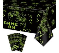 PTECDROTS 4Pcs Game On Tablecloths, Green Video Game Party Table Covers, Rectangular Table Decoration for Boys Gamer Level Up Gaming Party Supplies,130 x 220 cm