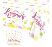 PTECDROTS 4Pcs Lemonade Stand Tablecloths, Pink Yellow Tablecloth, Rectangular Lemonade Stand Supplies for Kids Birthday Baby Shower Summer Fruit Party Decorations, 130x220cm