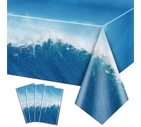PTECDROTS 4pcs Ocean Waves Tablecloths Rectangular Ocean Party Table Covers Blue Tablecloth Splashproof Table Decoration for Beach Pool Under the Sea Birthday Party Decorations, 130x220cm