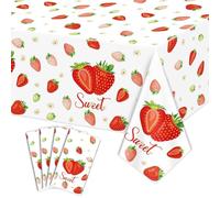 PTECDROTS 4Pcs Strawberry Tablecloths, White Rectangular Sweet One Table Cloths Strawberry Birthday Party Supplies for Kids Girls Birthday Baby Shower Summer Fruit Party, 130 x 220cm