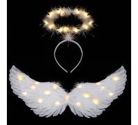 Ptesuply Angel Wings, Light Up Angel Wings and Halo with LED Lights - 3 Light Modes, White Angel Halloween Fancy Dress Costume Christmas Cosplay Party (Large, Warm Color)