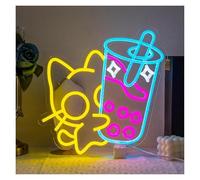 PTHEN Hanging Signs Cat Neon Sign Tea Neon Light Sign Dimmable USB Powered Lamp for Bedroom Bar Coffee Dessert Stores Decor Hanging Art Neon Signs 36.8cm×32cm