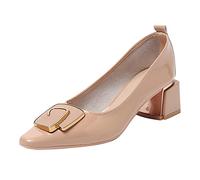 Women'S Block Heels Ladies Chunky Closed Toe Court Shoes Low Heels Dress Sandals Patent Leather Pumps for Family Dinner Date Wedding Party Office,khaki,38EU