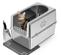 PTLOM stainless steel cat litter box with lid, L removable stainless steel litter tray, 30 cm high rim side walls for cats, robust, easy to clean, odor-free, with litter scoop and cat litter mat