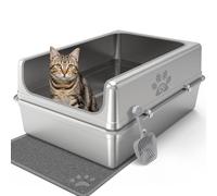 PTLOM stainless steel cat litter box with lid, XXL removable stainless steel litter tray, 30cm high rim side walls, robust, easy to clean, odor-free, with litter scoop and cat litter mat, 70x50x30cm
