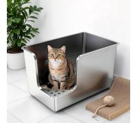 PTLOM Stainless Steel Cat Litter Tray 30cm High-Side, Metal Cat Litter Box, Corner Opening Entry,Cat Litter Pan with Wheels, Easy to Move, Non-Stick, No Odor, for Big or Multiple Cats 57.8x37.8x30cm