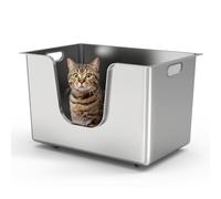 PTLOM Stainless Steel Cat Litter Tray, Extra Large Cat Litter Box with 35 cm High Sides, Splash-Proof Pet Cleaning Tool, Wheels on the Bottom for Easy Movement