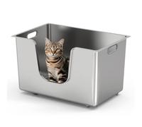 PTLOM Stainless Steel Cat Litter Tray L 30cm High Sides Cat Litter Box, Rust-Proof, Leak-Proof. Low Entry for Senior Cats, Wheels for Easy Moving-Great for Multi-Cat Households 58x38x30cm