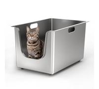 PTLOM Stainless Steel Cat Litter Tray L 30cm High Sides Cat Litter Box, Rust-Proof, Leak-Proof. Low Entry for Senior Cats, Wheels for Easy Moving-Great for Multi-Cat Households 58x38x30cm