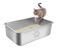 PTLOM Stainless Steel Cat Litter Tray, Large Metal Cat Litter Box，Splash-Proof, Odor-Free and Non-Stick Kitty Poop Pan, Pet Cleaning Tool Suitable for Big and Small Cats, Rabbits,59.5x39.5x20cm