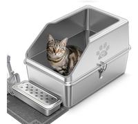 PTLOM Stainless Steel Cat Litter Tray with 30cm High Rim, Large Metal Cat Litter Box, Prevents Urine Leakage, Non-slip and Odorless,Narrow Edge Opening Pet Cleaning Tool 59.5x39.5x30cm