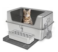 PTLOM Stainless Steel Cat Litter Tray with High Rim, Large Metal Cat Litter Box, Prevents Urine Leakage, Non-slip and Odorless,Wide-Sided Opening Pet Cleaning Tool，59.5x39.5x30cm