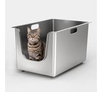 PTLOM Stainless Steel Litter Tray 11.8'' High Sides, XL Metal Cat Litter Tray with Curved Low Entry, Cat Litter Box for Big & Multiple Cats, Pet Toliet with Handy Wheels for Easy Moving