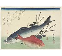 PTLYE Famous Wall Artwork Canvas Images Red Snapper Sea Bass and Perilla by Utagawa Hiroshige Canvas Pictures for Living Room 60x90cm