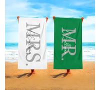 PTNQAZ Custom Name Mr & Mrs Beach Towel Honeymoon Gift 2 piece of Lovers Summer Vibes Wedding Gift Personalized Bath Pool Beach Towel for Adults Women Man (White-Green)