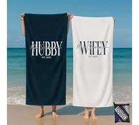 PTNQAZ Wifey or Hubby Beach Towel, Custom Honeymoon Towel with Last Name and Date, Personalized Bride and Groom Gift, Wedding Beach Towel Gift,with Bag (Mr Mrs 3)