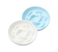 PTOBER Cat Slow Feeder Bowl Set - 2 Pcs Ceramic Cat Food Plates with Slow Eating Obstacles - Whisker Friendly, Microwave & Dishwasher Safe - White and Blue