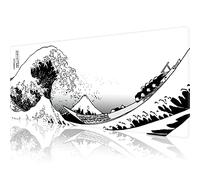 PTPLMM XL Japanese Wave Anime Desk Mat - Extended Big White Mouse Pad with Non-Slip Base and Stitched Edges for Computer Keyboard