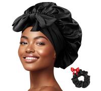 Ptrin Satin Bonnet, Double-Sided Silk Bonnets for Sleeping, Night Hairs Sleep Cap with Elastic Band,Head Cover Hat for Women Girls Long, Straight, Curly Hair for Women Black