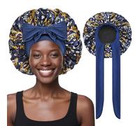 Ptrin Satin Hair Cap, 1 x Silk Bonnet for Sleeping, Night Bonnet, Satin Sleep Cap with Elastic Band, Adjustable, for Women and Girls, Print Navy Blue