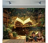 Ptrxobj Enchanted Magical Library Backdrop Bookshelf Glowing Open Book Vintage Study Room Photography Background Reading Theme Party Baby Shower Photo Booth Props 10X8FT